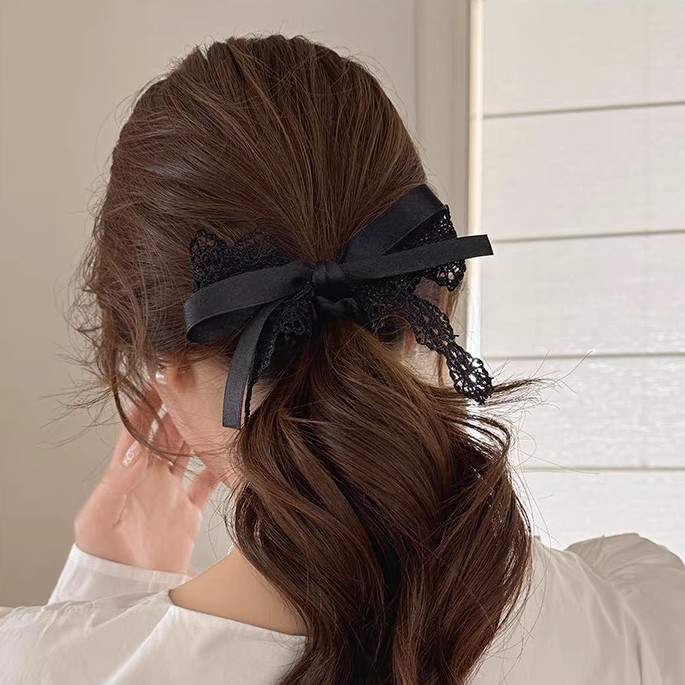 Elegante elastico per capelli con fiocco in pizzo nero_voghion.com