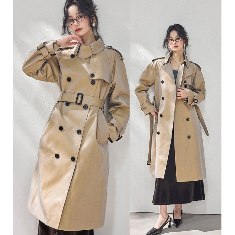 【Shengdu】26 Spring New High-End Heavy-Duty British Style Simple Cotton Khaki Versatile Plaid Mid-Length Trench Coat