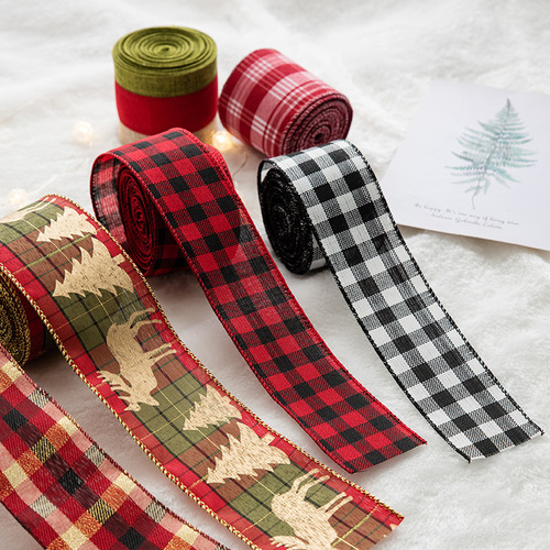 NUCHI Christmas Decorative Wire-Edged Red and Black Plaid Ribbon | Christmas Tree Accessories | Plaid Faux Linen Satin Ribbon