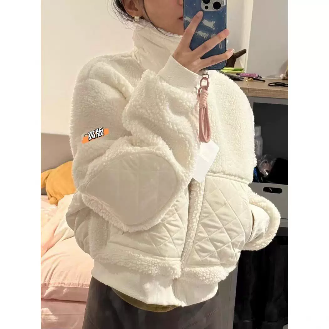 ALOANGT秋冬棕色羊羔毛连帽短外套保暖运动休闲立领拉链夹克