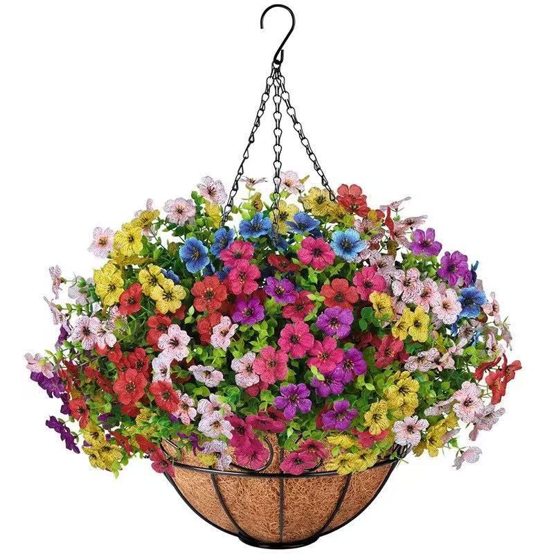 Artificial Violet Flowers with Iron Frame and Coconut Fiber Hanging Basket for Spring and Summer Outdoor Gardening Decoration, Round Hanging Basket Pot
