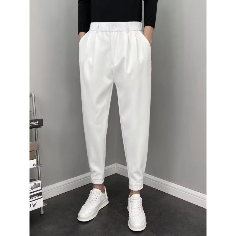 Primavera y otoño drapeado pantalones de traje flaco estilo coreano de los hombres de moda slim fit recortada pantalones casuales color sólido todo partido pantalones de traje recto