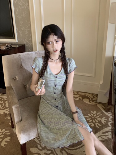 3319 #Pure desire sweet and spicy color stripe short-sleeved dress for women, summer French single-breasted small short skirt, hot girl