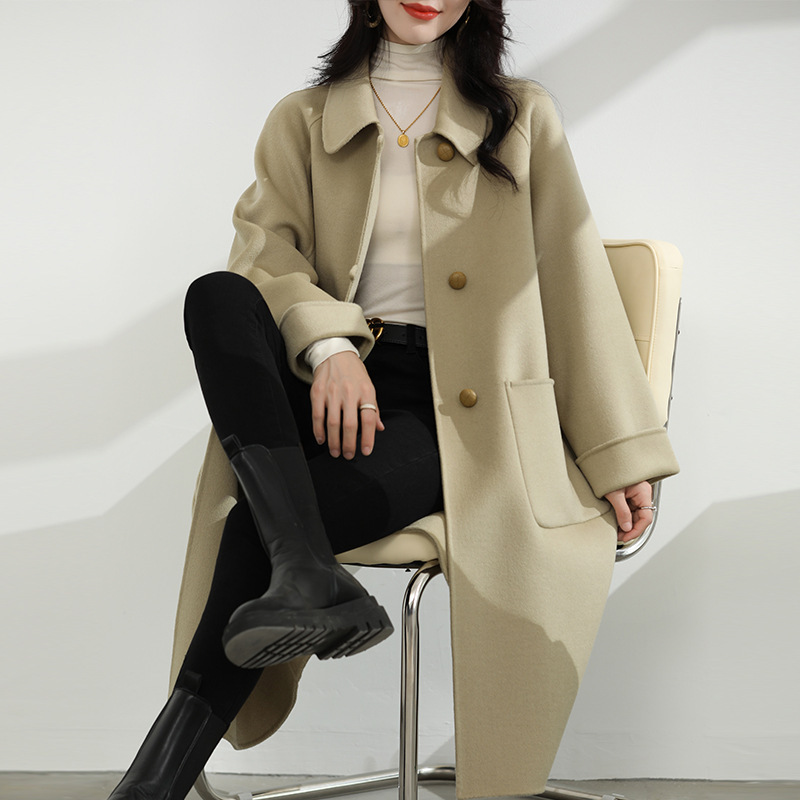 Plus-Size Double-Sided Wool Coat for Women, Long Style, 2024 Autumn and Winter New Design with a Turn-Down Collar, Korean Version Wool Jacket for Women