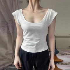 竹綿ビッグネックUネック半袖Tシャツレディース夏韓国風スリムボトムシャツショートショルダースモールフライングスリーブトップ