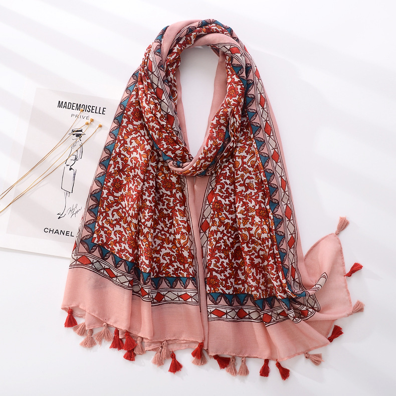 Primavera y verano nuevo tul fresco algodón y lino monocromo flor borla playa vacaciones protección solar aire acondicionado chal Toalla de playa