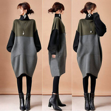 现货日系2024秋季新款设计感高领撞色拼接毛织连衣裙