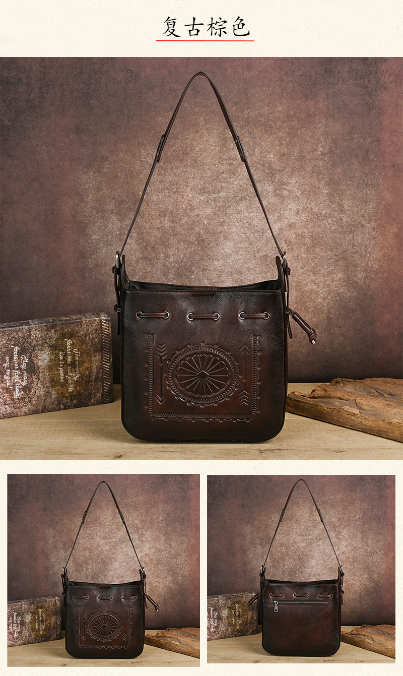 Túi tote da bò cổ điển phong cách vintage, đáy rộng, dung tích lớn, quai đeo vai — Màu xanh lá cây chi tiết 18