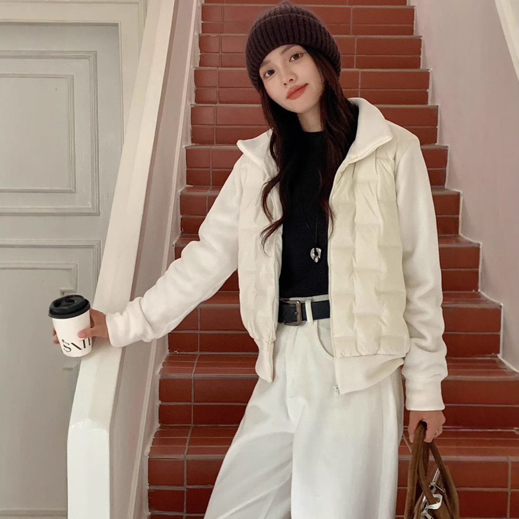 Yazixin Winter Pure Color Warm down Jacket Korean Duck down Versatile Jacket Top Polar Fleece Zipper Cardigan for Women