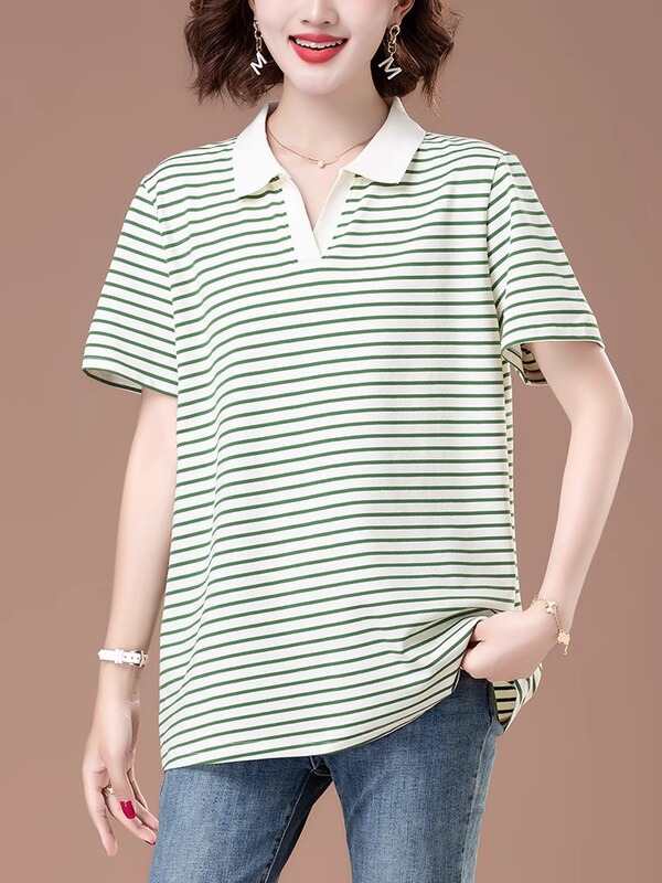 女性用純綿半袖Tシャツ、ゆったり大きいサイズ、ファットmm、ミドル丈ラペルトップ、おしゃれな年齢軽減中年ママ夏服|undefined