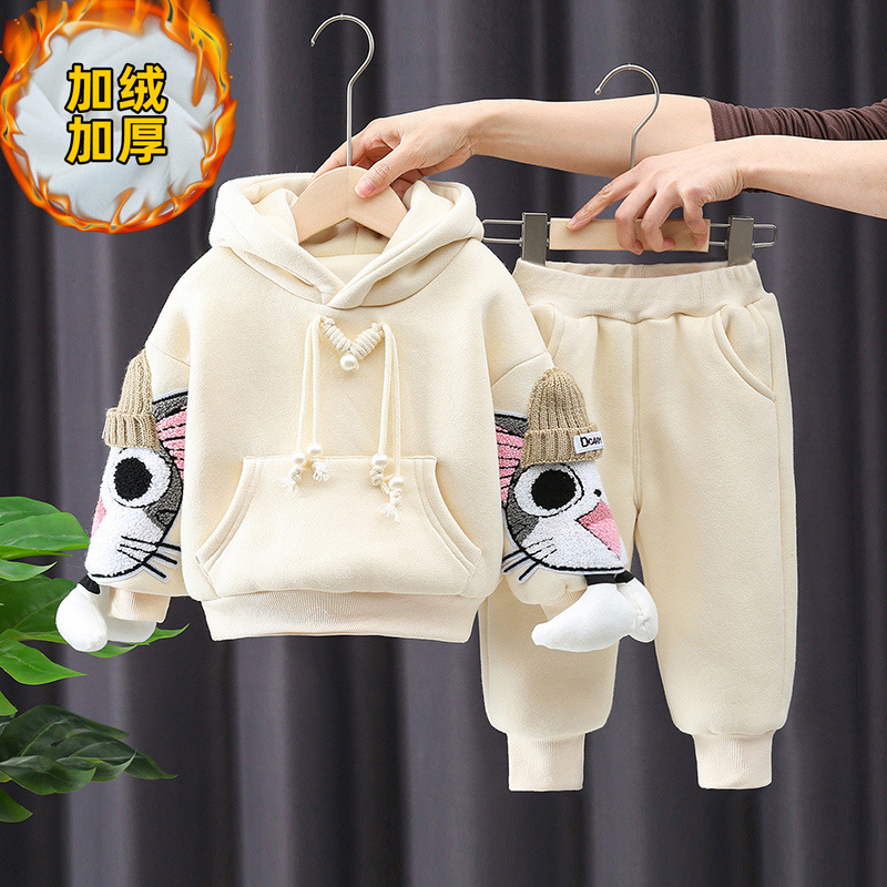 소녀의 봄과 가을 세트 새로운 세련된 기모 두꺼운 운동복 투피스 세트  소녀 유행 겨울 옷