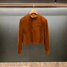复古棕色进口棉羊皮反绒皮绒面立领机车皮衣女短款简约夹克外套