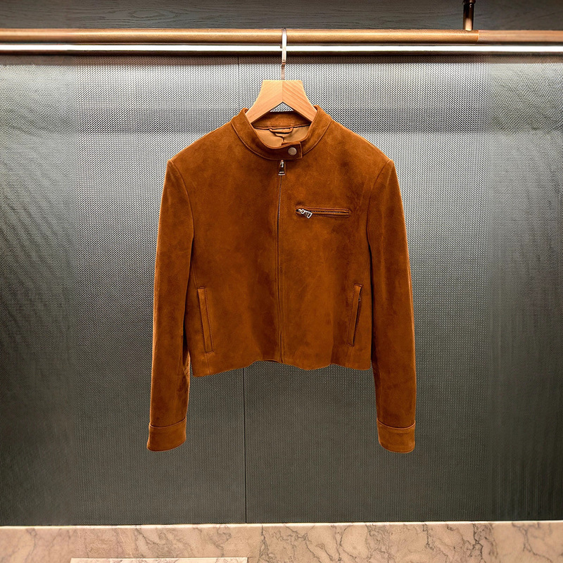 Retro Brown Imported Cotton Goatskin Suede Suede Stand Collar Motorcycle Leather Jacket Women's Short Simple Jacket
