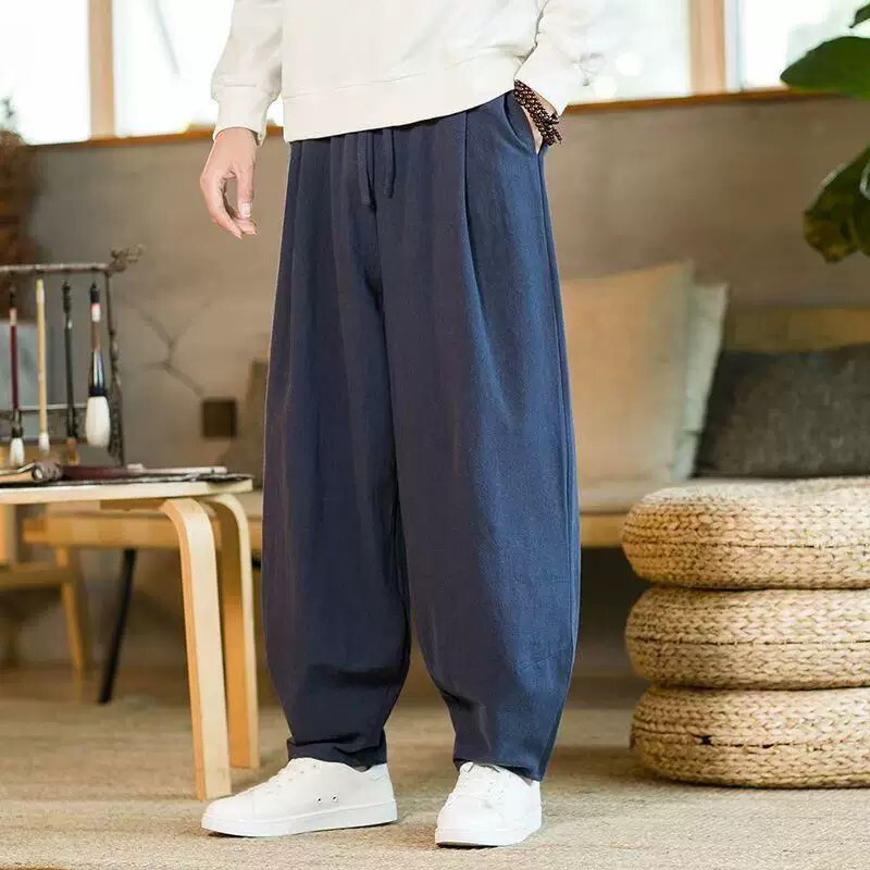 Tai Chi Pants for Men, Chinese Style, Summer, Large Size, Sports Casual Pants, Wide-Leg, Loose, Mosquito-Proof, Cotton and Linen, Kung Fu Long Pants