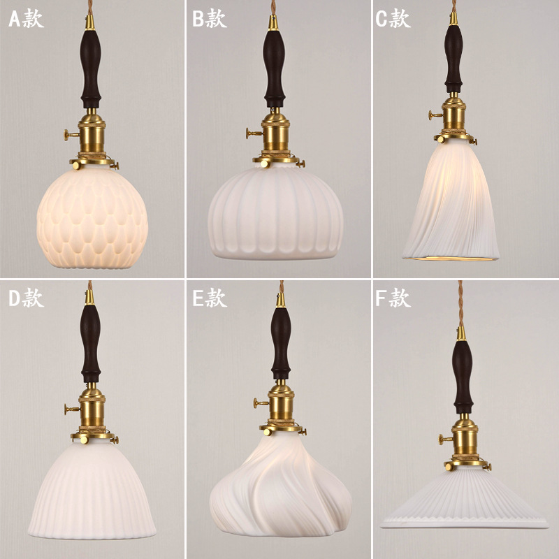 All-Copper Dining Pendant Light with Ceramic Lampshade, Solid Wood Walnut Single Pendant, Suitable for Dining Room and Bedside, Pleated Lamp with Switch, Soft Decoration