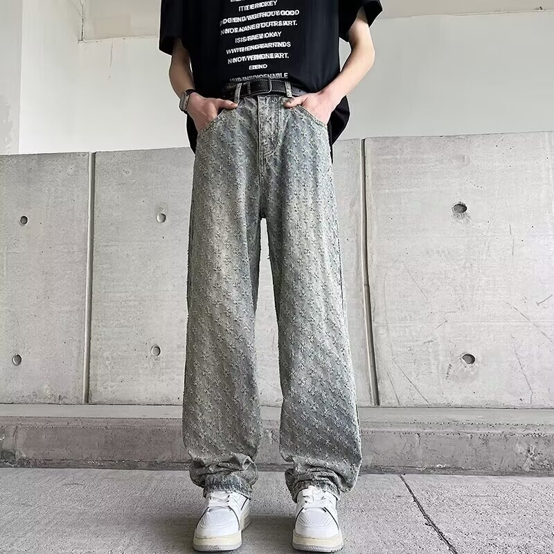 2026 New American Style Trendy Brand Flockro Heart Jeans, Unisex Full-Print Jacquard Loose Straight-Leg Pants