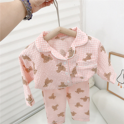 Little Girl's Checkered Homecoming Set with Bear Print Bubble Check Cotton Two-Piece Autumn Pajamas for Boys and Children Leisure