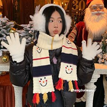 冬季保暖新年可爱笑脸刺绣流苏针织围巾女甜美可爱条纹雪人围脖潮