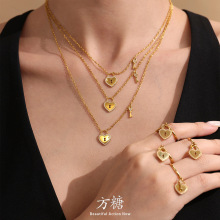 方糖不锈钢爱心锁钥匙项链戒指不掉色5A锆石时尚个性轻奢首饰套装