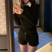 美式复古学院风假两件绞花黑色毛衣女秋冬季高腰感正肩针织衫上衣