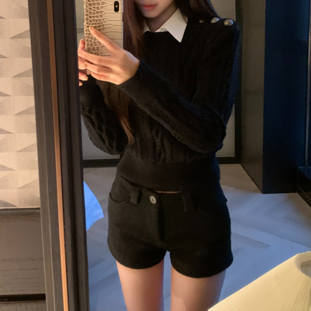 美式复古学院风假两件绞花黑色毛衣女秋冬季高腰感正肩针织衫上衣