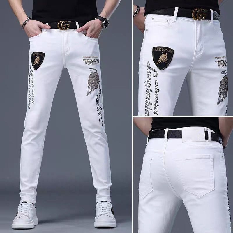 Spring and Autumn New Trendy Brand White Jeans for Men European Style Gold Bull Rhinestone Embroidery Stretch Slim Straight Long Pants