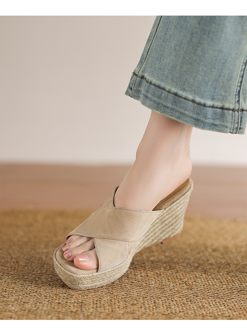 Sandal cao gót nữ quai ngang đế xuồng đan dày — Màu đen chi tiết 6