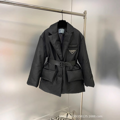 24秋冬新作ベルト再生ナイロン生地ロゴ綿服コート学院風