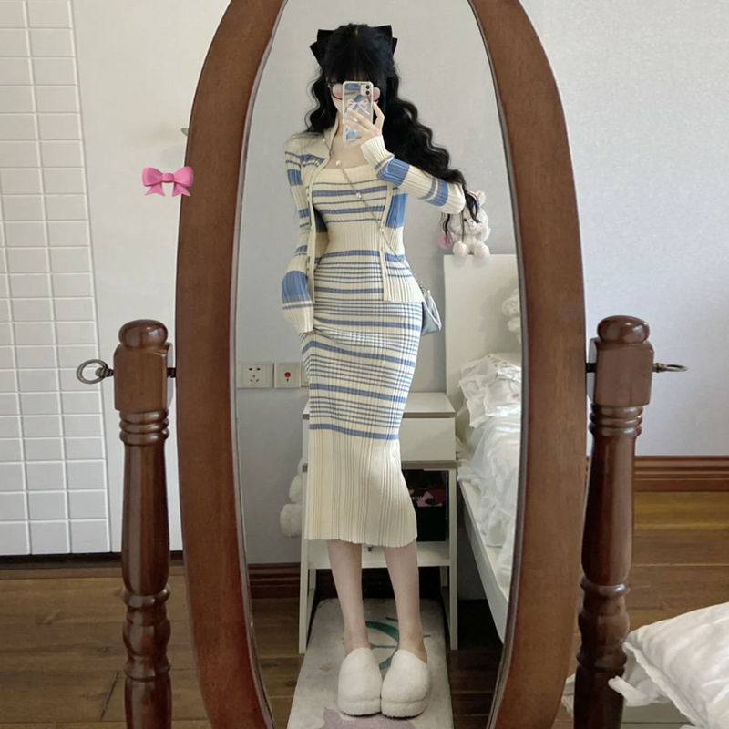 甜辣纯欲针织衫+吊带连衣裙子女温柔系气质小香风两件套装秋冬季|undefined
