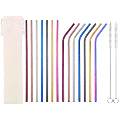 Cross-border 304 stainless steel straight and curved straws, cloth bag multi-specification coffee, milk tea, beverage stainless steel straws