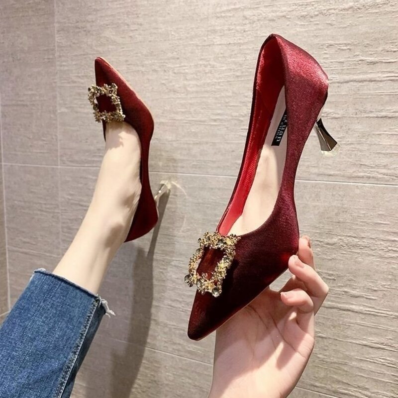 Bridal Shoes, Wedding Shoes, Xiuhe Wedding Dress, Dual-Purpose Burgundy Pointed-Toe New High-Heeled Shoes, Women's Stiletto Heels, Niche French-Style Single Shoes