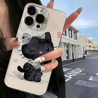 蝴蝶结丝带黑色小猫适用苹果17PROMAX手机壳iPhone16轻奢15设计13