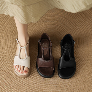 Platform Sandals 2025 Summer New Women's Shoes Flat Shoes Open Toe Retro Sandals T-Shaped Sandals