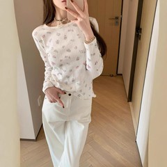 25秋季香香法式名媛小香风彩绘小碎花领口蝴蝶结打底衫短袖/长袖