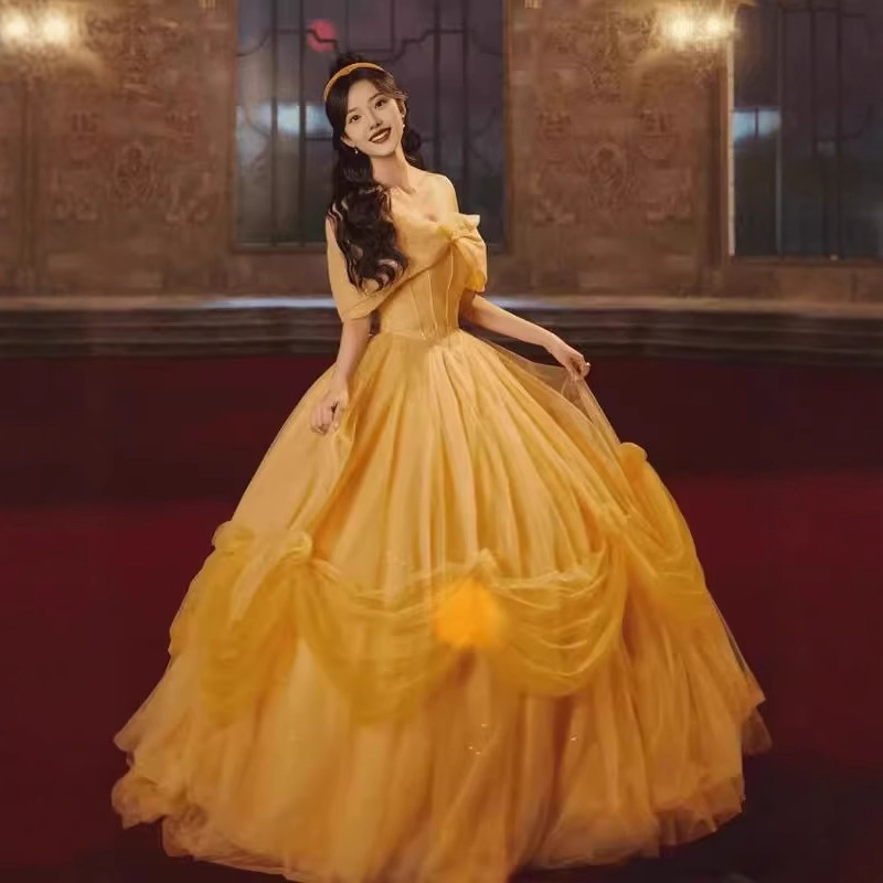Yellow Fugitive Princess Evening Dress Banquet Light Luxury Niche Coming-Of-Age Dress Art Exam Performance Costume Studio Theme Wedding Dress