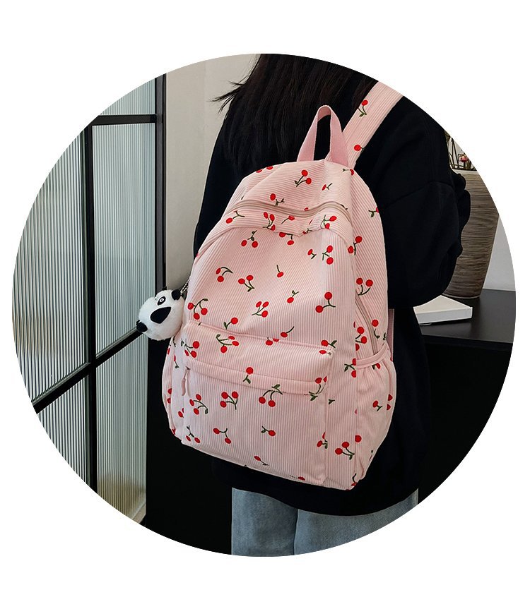 1197g Weight Polyester Lining Material Zipper Closure Type Double Shoulder Straps Strap Type Casual, School, Daily Occasion Corduroy Material Back To School Festival School Backpack Backpack Cherry Pattern All Seasons Season Women's Gender Cute Style Shell Shape Cherry Casual School Daily School Backpack 12