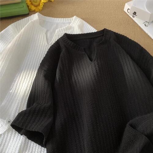 White V-neck Short-sleeve T-shirt for Men, Summer Texture Loose Half-sleeve T-shirt, American Trend Brand Heavyweight Youth Top