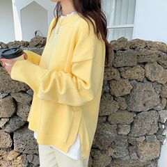 秋冬新款宽松慵懒chic套头小鸡黄鹅黄色毛衣网红针织衫女外搭适中