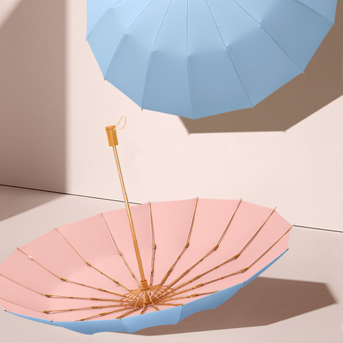 Sixteen-bone color glue three-fold umbrella sun umbrella small fresh wooden handle ins girl solid color folding umbrella logo wind-resistant umbrella