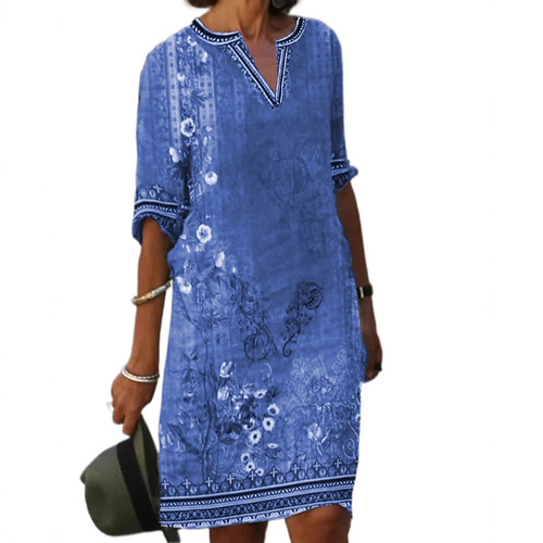 European and American Amazon Temu Cross-border Women's Ethnic-style Printed Casual V-neck Dress with Short Sleeves, Elegant for Commuting