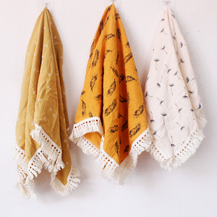 European and American Kidsren's Double-Layer Cotton Blanket, Super Soft Printed Crepe Tassel Baby Bath Towel, Baby Blanket, Stroller Blanket