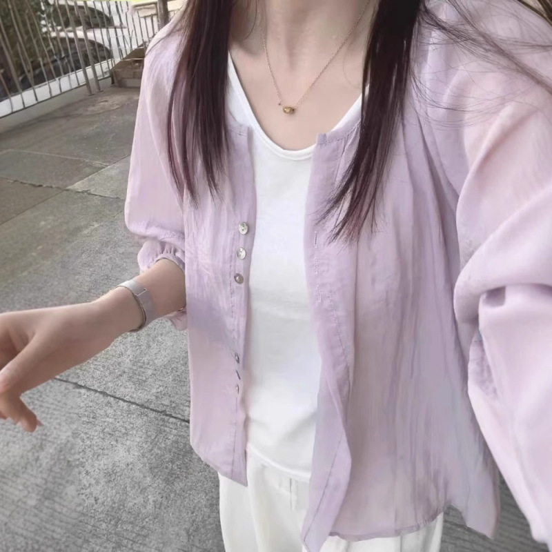法式温柔紫防晒衬衫女夏薄款外搭罩衫宽松灯笼袖衬衣外套|undefined