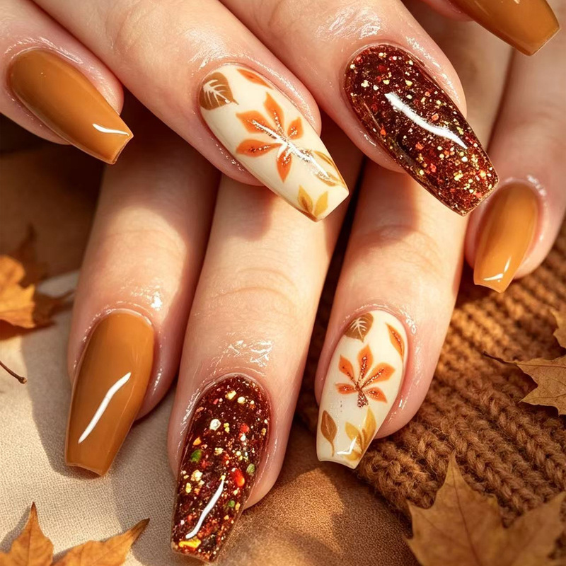 Thanksgiving Autumn Maple Leaf Long Trapezoidal Manicure Gentle Retro Cross-Border Wearable Nails Nail Tips Thanksgiving Autumn Maple Leaf Long Trapezoidal Manicure Gentle Retro Cross-Border Wearable Nails Nail Tips