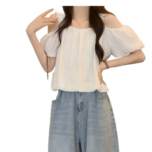 French one-shoulder spaghetti strap short-sleeve women's summer design sense niche loose slimming off-shoulder bubble sleeve top