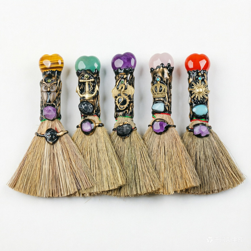 Cross-Border Hot-Selling Natural White Pink Amethyst Heart-Shaped Mini Broom Handmade Halloween Magic Broom Ornament Wholesale