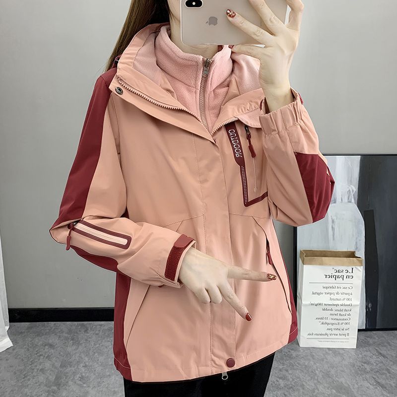 户外网红冲锋衣女秋冬季三合一两件套加绒防风衣加厚情侣外套男潮