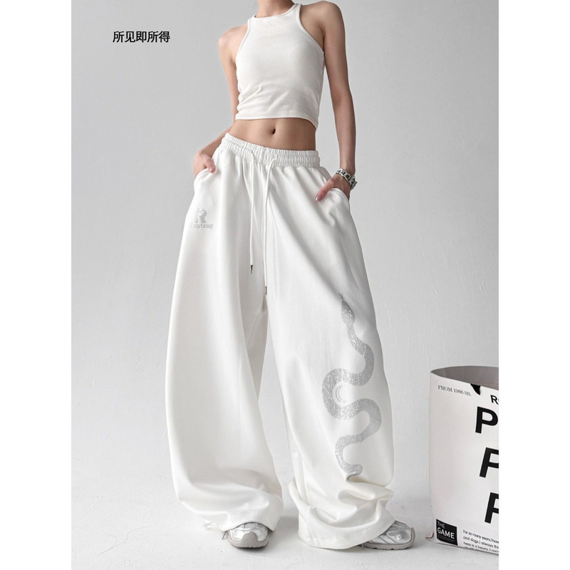 Cross-Border Rhinestone Navy Blue Snake Print Sports Pants, Thin Drapey Sweatpants for Women, 2025 New Model Navy Blue Wide-Leg Casual Pants