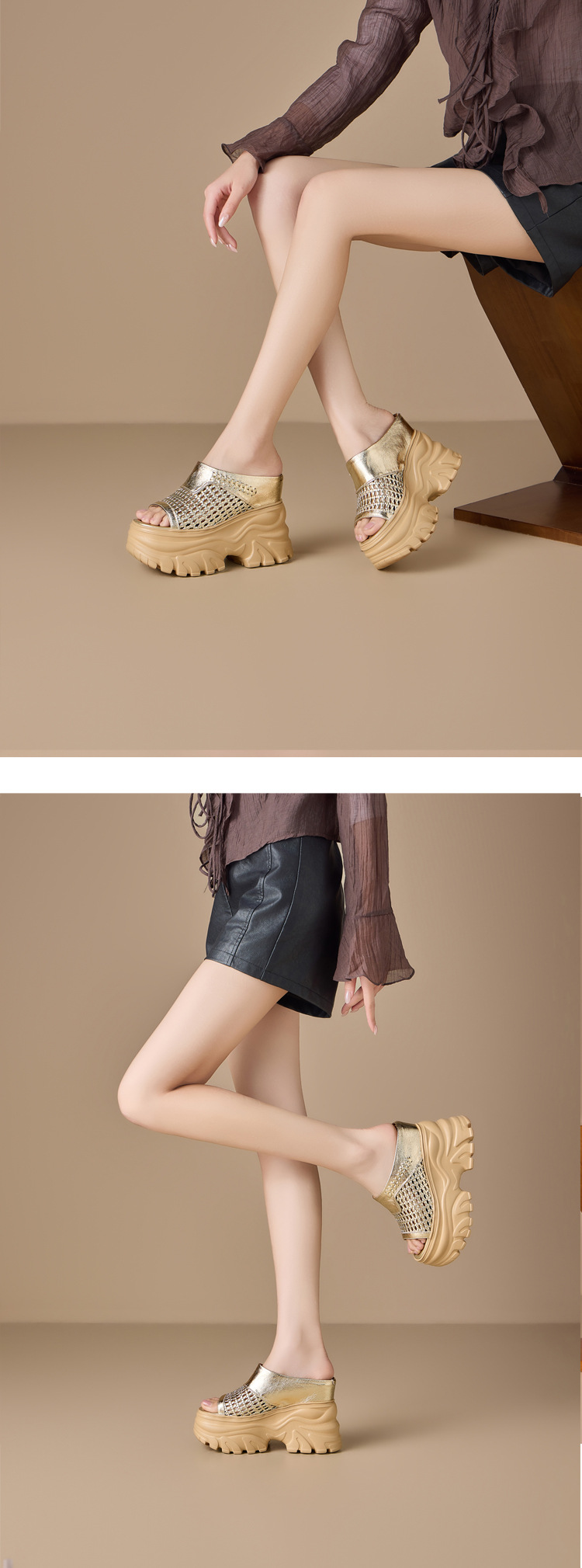 Dép sandal nữ quai chữ V đế bánh mì cao 13cm, chất liệu nhựa dẻo thoáng khí — màu đen, màu trắng ngà, Vàng nhạt, bạc chi tiết 6
