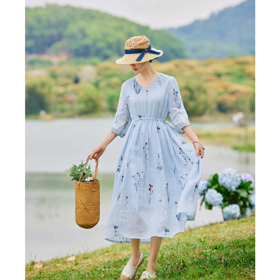 2024 летняя вышивка рами женская одежда путешествия элегантное длинное платье с семью рукавами