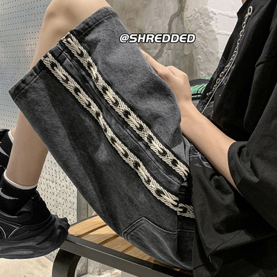條紋編織牛仔短褲男夏季薄款設計感小衆五分褲美式vibe複古運動褲